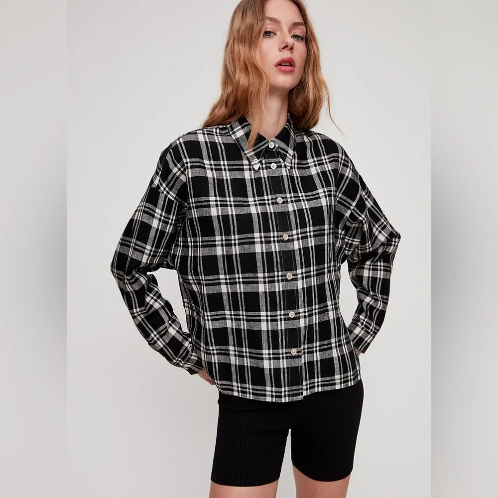 Aritzia Wilfred plaid Tanis linen button top sz xxs work once - Picture 7 of 12